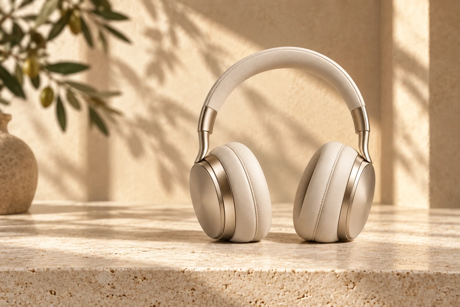 Illustrative headphones on travertine in natural daylight